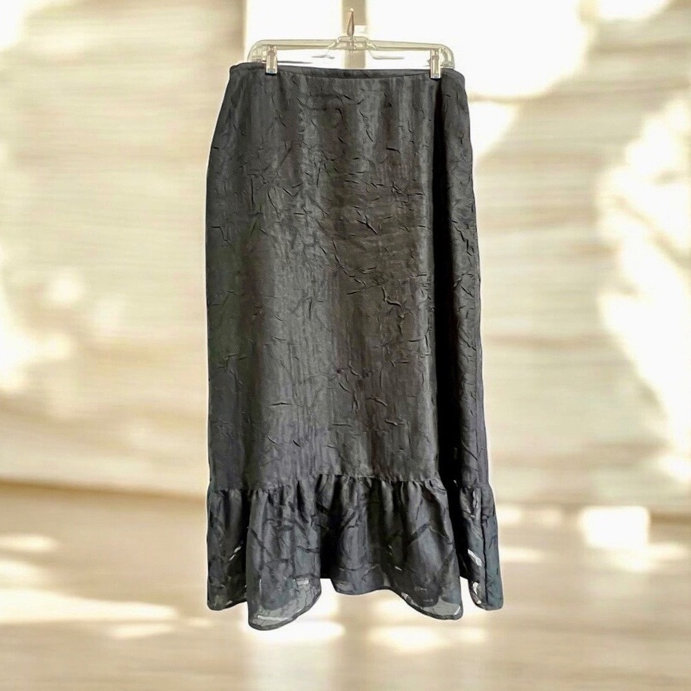 Blue Ice Vintage Black Textured Ruffle Hem Midi Skirt Rayon Linen Blend Size‎ 14